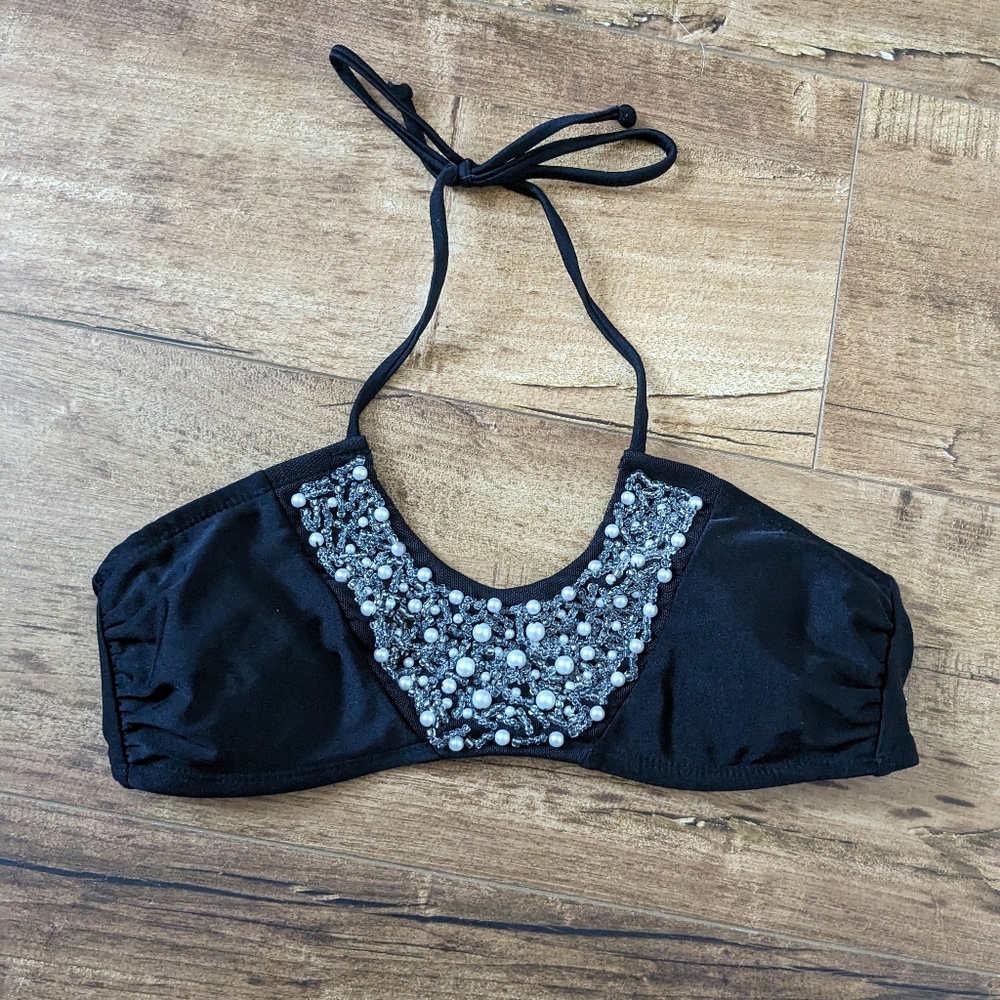 Black Bikini Top Faux Pearl Halter Style Size Medium Vtg